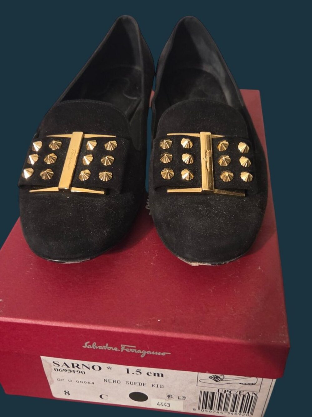 Salvatore Ferragamo Sarno Studded Loafers Black Suede Sz 8C - W/ Original Box